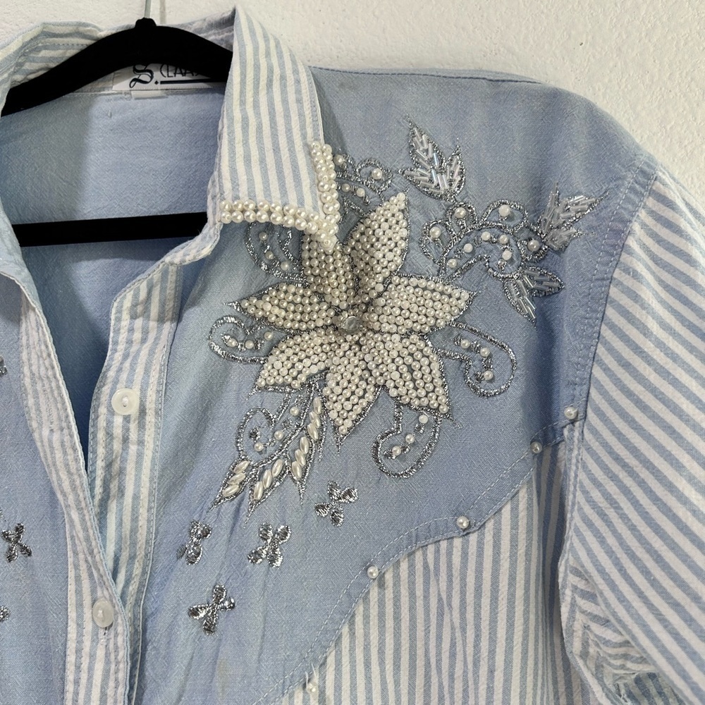 Men's Blue Striped Shirt with Floral Embroidery - Picture 13 of 16